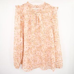 Loft Light Pink Floral Pattern Long Sleeve Blouse Feminine Ruffle Sheer Peach L